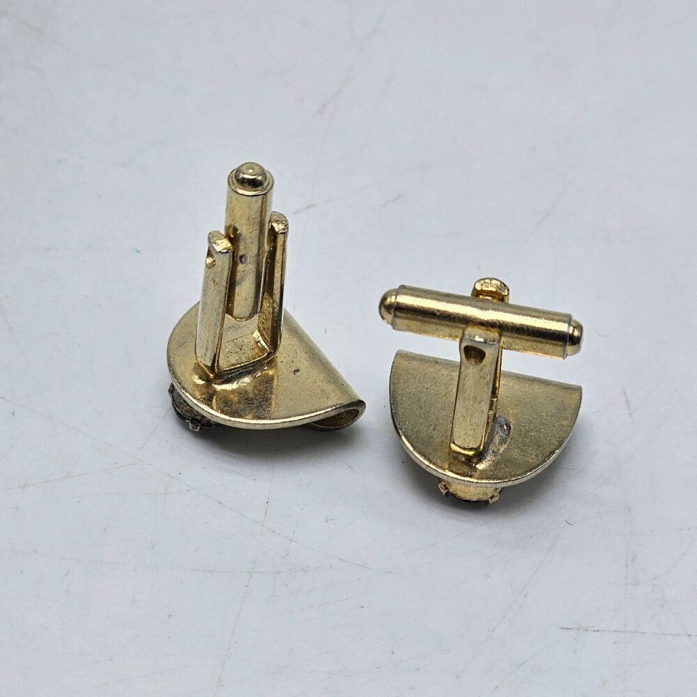 Vintage Gold Textured Clear Rhinestone Cufflinks Mid Century Modern Design - Picture 4 of 5